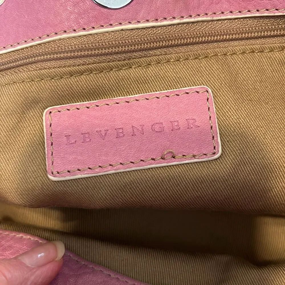 Levenger Leather Handbag Satchel Lavender With White Piping Clean Inside Euc — image 2 of 8
